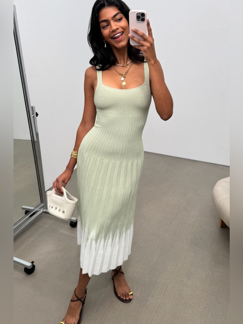 Staud Tie Dye Ellison Dress Sleeveless Pleated Midi A-Line Green & White Small